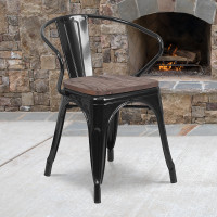 Flash Furniture CH-31270-BK-WD-GG Black Metal Chair with Wood Seat and Arms 
